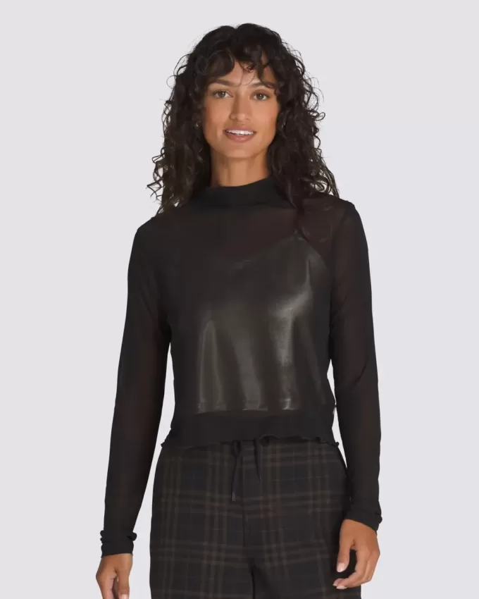 Top cu mânecă lungă din plasă din satin Top cu mânecă lungă din plasă din satin